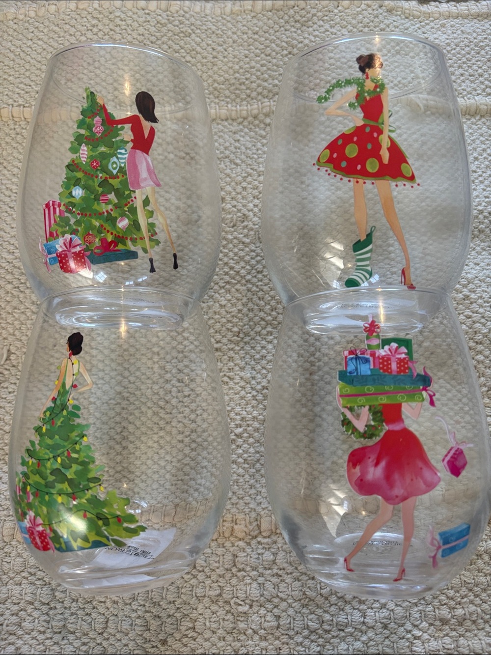 Holiday Party Stemless Wine Glasses - Red & Green Festive Women Design